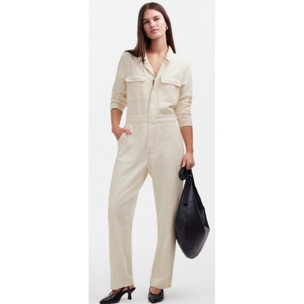Madewell Women Cream Denim Long Sleeve Zip Front Coverall Jumpsuit NS182 XSP
